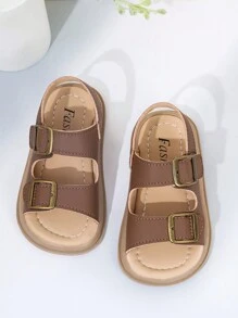 1 Pair Unisex Kids Hook-And-Loop PU Anti-Slip Open-Toe Low-Cut Two-Strap Sandals With Heel, Suitable For Various Occasions And Summer.