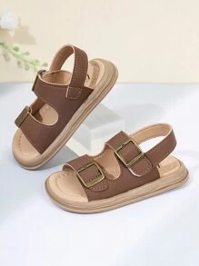 1 Pair Unisex Kids Hook-And-Loop PU Anti-Slip Open-Toe Low-Cut Two-Strap Sandals With Heel, Suitable For Various Occasions And Summer.