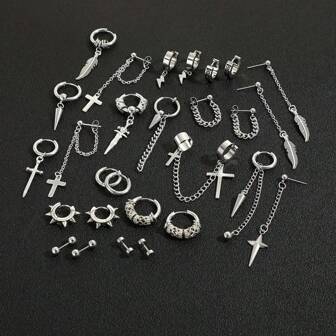 Hip-Hop Stainless Steel Earring Set - Unisex 27 Pieces Set, Includes Hoops, Studs And Pendants, Suitable For Men, Women, And Couples