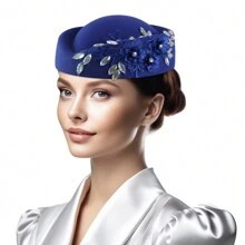 Vintage Knitted Felt Pillbox Rhinestone Hat Women's  Derby Veil Flower Fedora