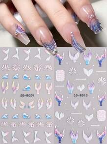 2入組5D夏季海洋美甲貼紙，藍色人魚魚鱗尾巴，海浪珍珠元素夢幻美甲貼紙，自粘凸版裝飾美甲DIY沙龍設計配件 - 彩色 - 查看 1