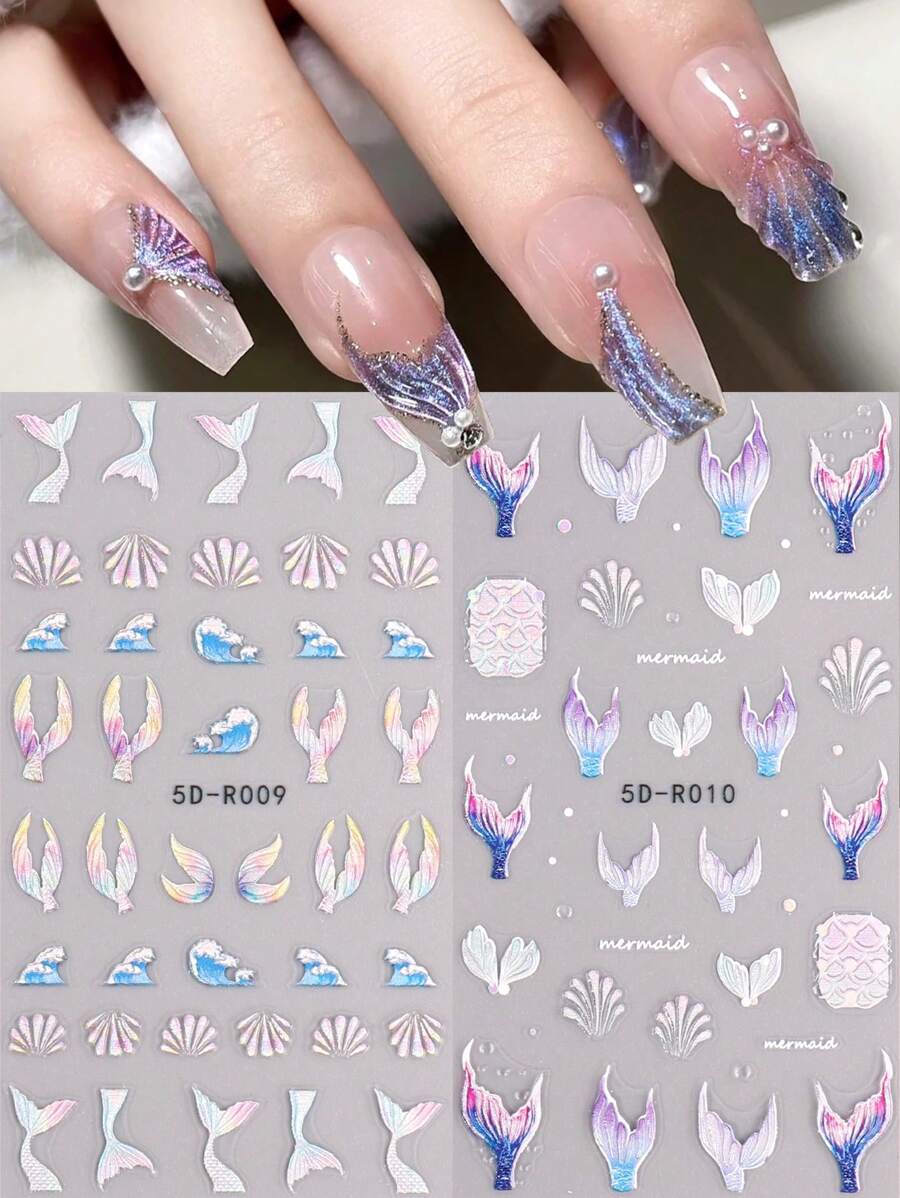 2入組5D夏季海洋美甲貼紙，藍色人魚魚鱗尾巴，海浪珍珠元素夢幻美甲貼紙，自粘凸版裝飾美甲DIY沙龍設計配件 - 彩色 - 查看 1