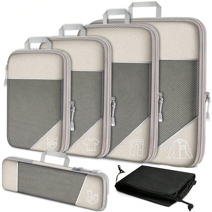 Compression Packing Cubes, 6 PCS Packing Cubes For Suitcases, Travel Compression Bags Travel Luggage Organiser Set For Suitcase Backpack Travel Essentials Or Home Storage Travel Essentials For Travel Backpack Travel Bag Luggage Suitcase Travel Gear Back To School Moving Bags Organizer - Beige - View 1
