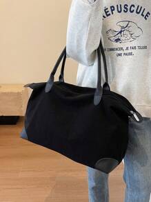 Livesso 纯色灯芯绒休闲简约风格大容量可折叠拉链手提单肩托特包适合女性日常通勤、购物、旅行、度假、妈咪收纳包、学校用品、书包、学校手提包、学校托特包、学校书包、返校包、防水、轻便、便携、经典休闲、商务休闲秋季女士服装 - 黑色 - 查看 6