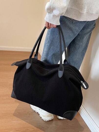 A Solid Color Corduroy Casual Minimalist Style Large Capacity Foldable Zipper Hand-Held Shoulder Tote Bag Suitable For Women's Daily Commuting, Shopping, Travel, Vacation, Mommy Storage Bag, School Supplies, School Bag, School Handbag, School Tote Bag, School Bookbag, Back To School Bags, Waterproof, Lightweight, Portable, Classic Casual, Business Casual Fall Clothes For Women, New Fall Fashion 2025 For Women