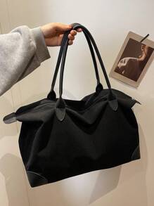 Livesso 纯色灯芯绒休闲简约风格大容量可折叠拉链手提单肩托特包适合女性日常通勤、购物、旅行、度假、妈咪收纳包、学校用品、书包、学校手提包、学校托特包、学校书包、返校包、防水、轻便、便携、经典休闲、商务休闲秋季女士服装 - 黑色 - 查看 4