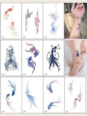 10 Creative Colorful Butterfly Fish Temporary Tattoo Stickers, Suitable For Both Men And Women, Waterproof, Suitable For Arms, Face, Fingers, Neck, And Any Place You Want