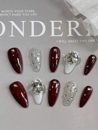 One Piece Set Of Almond Nail, Cherry Red Pile, Pure Handmade Fake Nails, Suitable For Girls, Birthday Parties, Parties, Daily Life Press On Nails Nail Supplies Nails