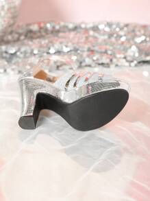 女性拉丁舞高跟防水舞鞋柔軟底方舞鞋跟鞋表演和練習用，白色 - 銀色 - 查看 7