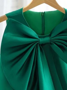 小女孩绿色大蝴蝶结装饰薄纱圣诞派对优雅连衣裙、公主裙、女孩生日派对礼物服装、花童婚纱、节日庆典 - 墨綠色 - 查看 4