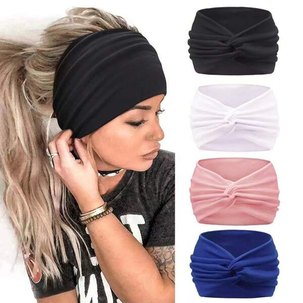 4pcs/Set New Solid Color Wide Hairbands For Women Cross Knot Sports Yoga Headband Fashionable Girl Headscarf Turban Headband Sweatband Fall Winter Hair Band Hair Accessories For Women For Vacation Outfits Woman
