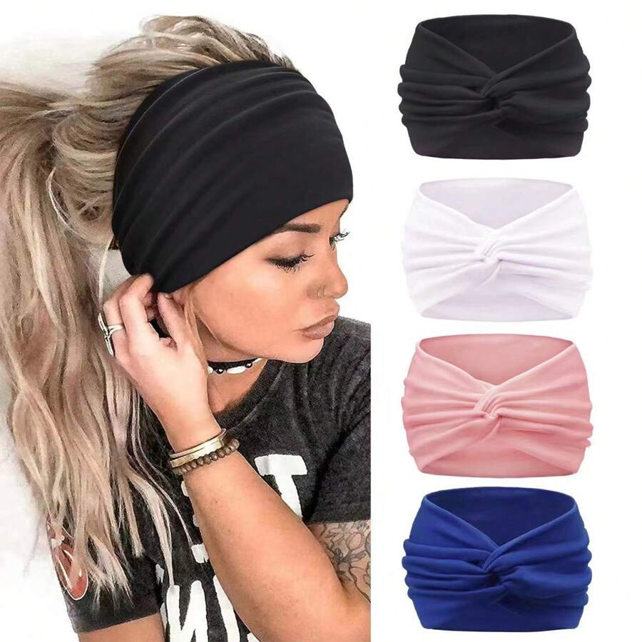 4pcs/Set New Solid Color Wide Hairbands For Women Cross Knot Sports Yoga Headband Fashionable Girl Headscarf Turban Headband Sweatband Fall Winter Hair Band Hair Accessories For Women For Vacation Outfits Woman Women Bandanas Soft Headwrap