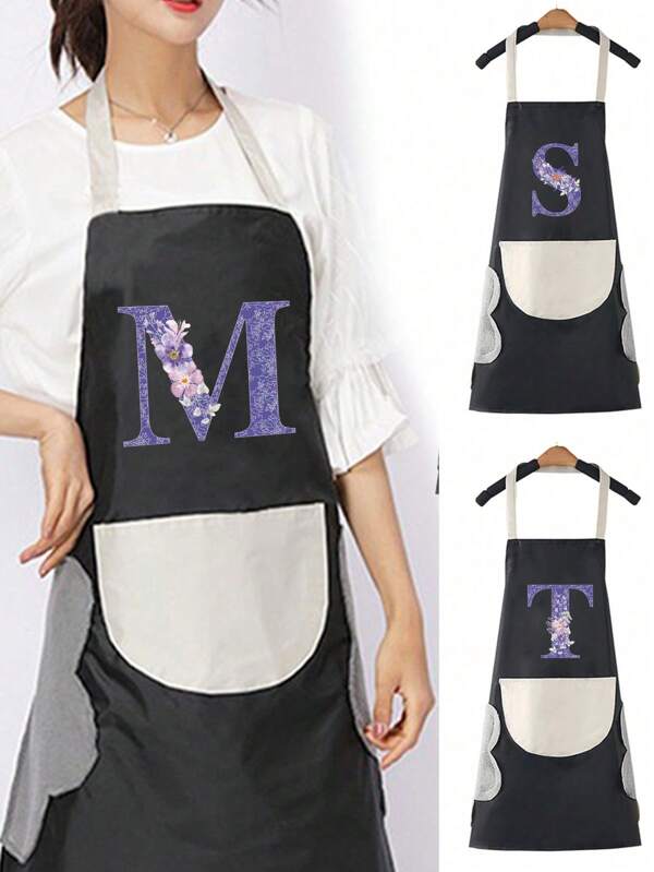Purple Letter Apron Waterproof Oilproof Cooking Apron Can Wipe Hands Kitchen Work Clothes Home Cleaning Men And Women Universal Sleeveless Apron Initial Letter A To Z