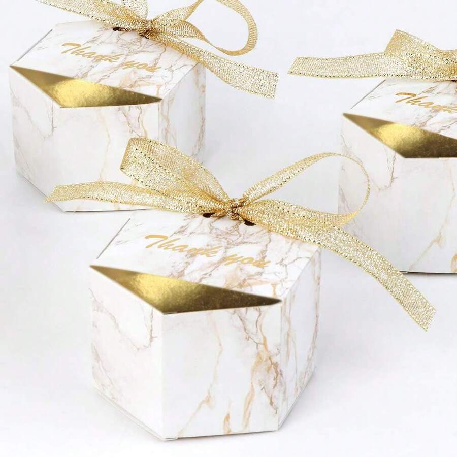 50 piezas Pequeñas cajas de regalo para fiestas, cajas de recuerdo de boda, cajas mini de mármol con agradecimiento con lazo de cinta dorada con brillo - Blanco - Ver 1