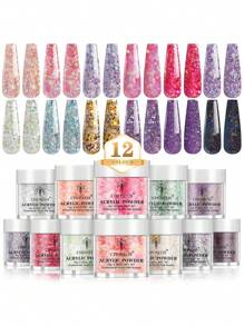 CHOSEOS Acrylic Powder With 12 Colors, Pink Tone Sparkling Acrylic Nail Powder, Suitable For Valentine's Day Nail Art 3D Sculpting French Nails Extension, Spring/Summer French Nails, Holiday Gifts For Women And Girls