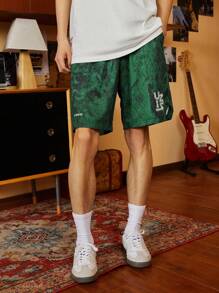 UZISER 1件快干男士美式時尚休閒印花運動短褲鍵盤寧靜 - 綠色 - 查看 4