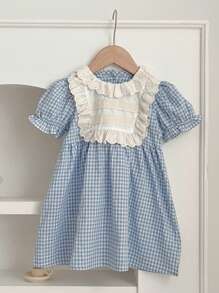 少女夏季新款格紋短袖公主裙 - 藍色 - 查看 1