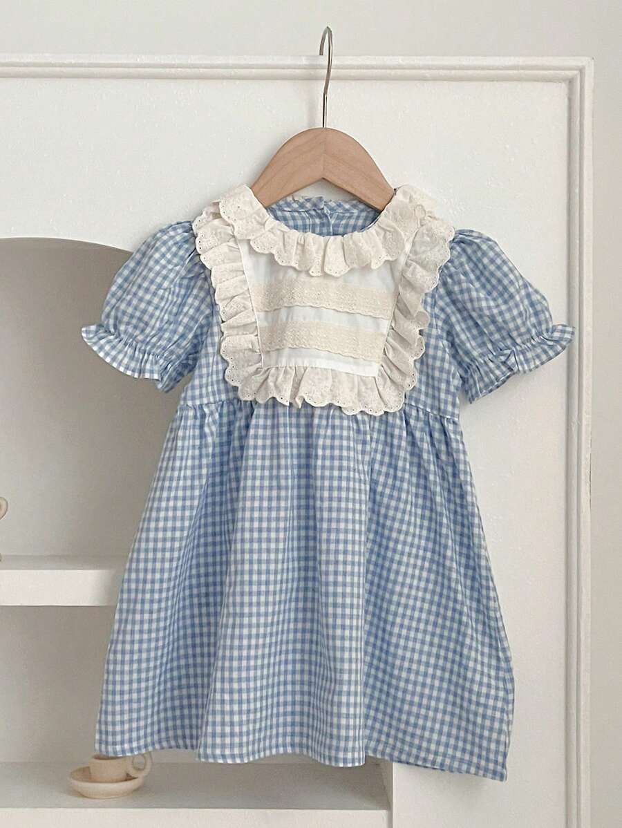 少女夏季新款格紋短袖公主裙 - 藍色 - 查看 1