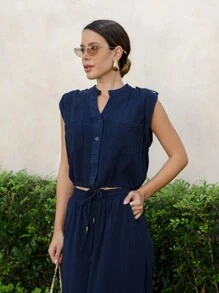 Conjunto Pantalona Camisa sem mangas Linho Misto - Azul Marinho - Visão 6