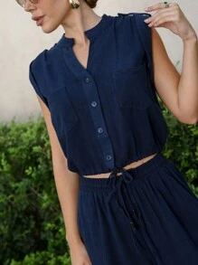 Conjunto Pantalona Camisa sem mangas Linho Misto - Azul Marinho - Visão 4