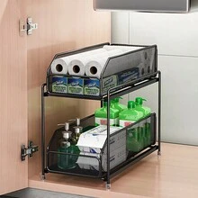 1 Set 2 Layers Kitchen Pull-Out Storage Rack For Kitchen Sink Cabinet, Condiment Rack For Under Sink Storage, Multi-Functional Storage Rack, Carbon Steel Material, Suitable For Kitchen Sink, Under Cabinet, Living Room Cabinet - Multicolor - View 1