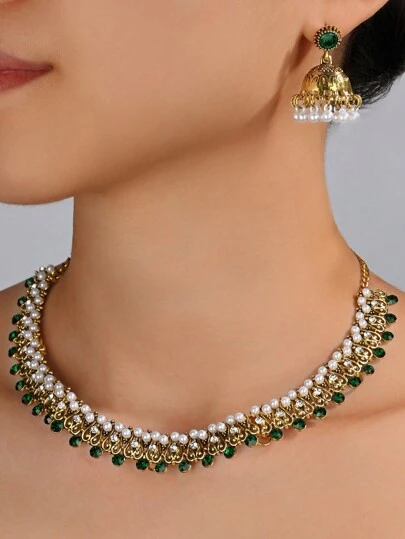3pcs Elegant Faux Pearl Pendant, Luxury Colorful Crystal Bollywood Style Jewelry Set, Suitable For Women's Party & Wedding Wear