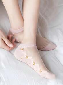 5双女士纯色薄款踝袜，简约清新风格，水晶丝，透气舒适，休闲甜美，母亲节