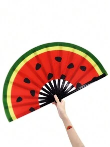 1pc Large Watermelon Pattern Folding Fan, Bamboo & Nylon Cloth Handheld Folding Fan For Women/Men With Fan Ribs, Craft Fan, Gift Fan - Multicolor - View 1