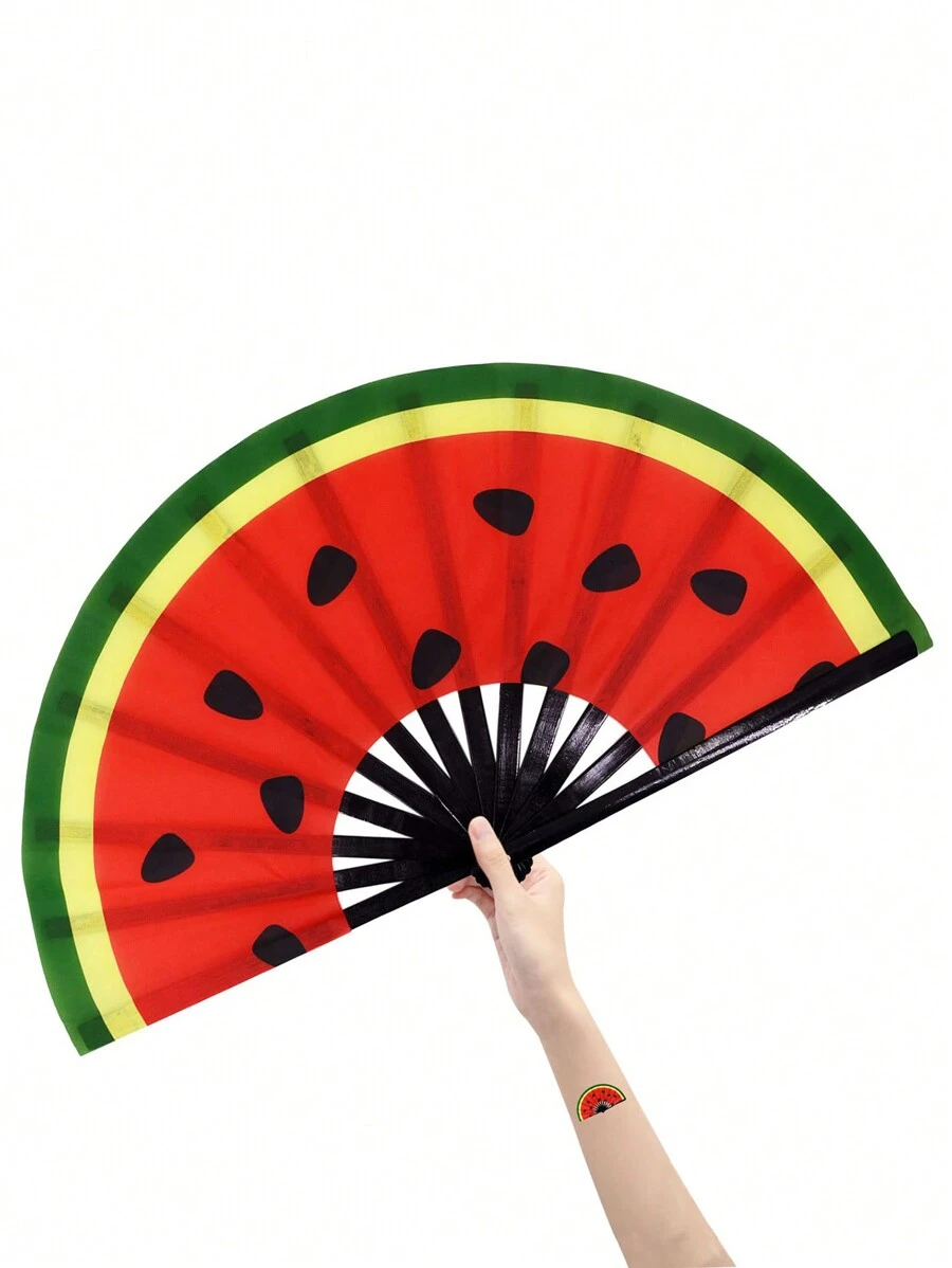 1pc Large Watermelon Pattern Folding Fan, Bamboo & Nylon Cloth Handheld Folding Fan For Women/Men With Fan Ribs, Craft Fan, Gift Fan - Multicolor - View 1