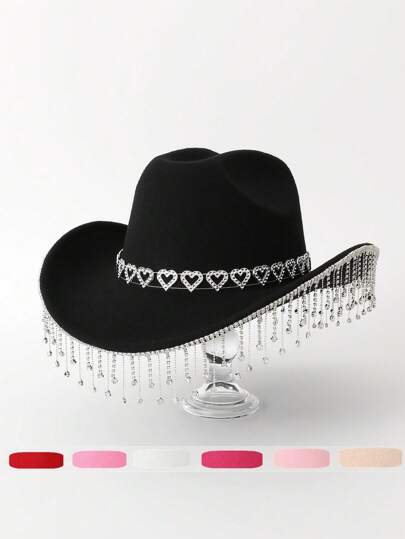 1 pezzo Cappello da cowboy da donna con ciondolo a goccia d'acqua e nappine, con strass a forma di cuore, adatto per uso quotidiano, viaggi, vacanze, tempo libero, feste, matrimoni e come cappello da jazz per San Valentino e Ognissanti