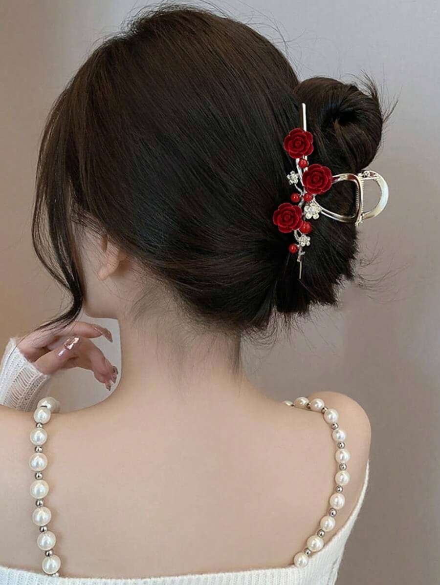 1 件装 女士花朵与仿珍珠装饰 时尚发夹 发饰 优雅万圣节