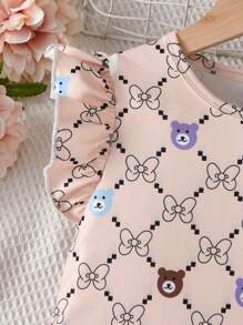 Young Girl Summer Round Neck Cartoon Print Dress Suitable For Daily Outing - Khaki - View 5