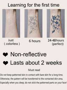 CAT QUEEN ART Blue Flower And Word Tattoo Pattern - Semi Permanent Tattoo Sticker For Arms, Wrists, Chest, Abdomen, Back And Other Body Parts, Lasts For 14 Days Without Fading Or Reflecting, 1 Sheet