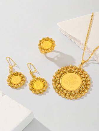 3 Pieces Of Copper Plated 22K Champagne Gold Women's Jewelry Set Necklace, Pendant, Earring Ring,Gold Prom Jewelry 2024 New Jewelry With Rose Laser Pattern, Suitable For Women's Daily Leisure Wear, Attending Friends And Family Gatherings, Gift Giving.