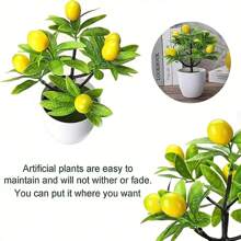 1 pièce Plantes en pot artificielles mini, fruits artificiels, citron/pêche/orange/fraise/gros fruit rouge/pomme/bonsaï, feuilles vertes factices, pot en plastique blanc pour décoration de la maison, table, bureau, salle de bain, décoration de jardin, plante d'extérieur, jardinage, fleurs artificielles