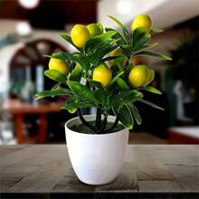 1 pièce Plantes en pot artificielles mini, fruits artificiels, citron/pêche/orange/fraise/gros fruit rouge/pomme/bonsaï, feuilles vertes factices, pot en plastique blanc pour décoration de la maison, table, bureau, salle de bain, décoration de jardin, plante d'extérieur, jardinage, fleurs artificielles