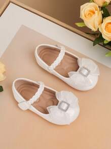 1 par de lindos zapatos planos para bebé con lazo de strass, correa trenzada, unicolor, antideslizantes, para caminar al aire libre, adecuados para primavera y otoño - Blanco - Ver 3
