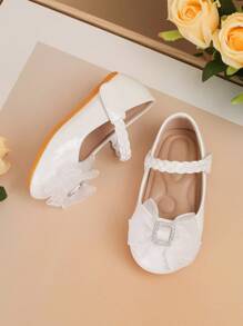 1 par de lindos zapatos planos para bebé con lazo de strass, correa trenzada, unicolor, antideslizantes, para caminar al aire libre, adecuados para primavera y otoño - Blanco - Ver 5