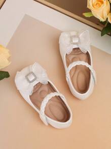 1 par de lindos zapatos planos para bebé con lazo de strass, correa trenzada, unicolor, antideslizantes, para caminar al aire libre, adecuados para primavera y otoño - Blanco - Ver 4