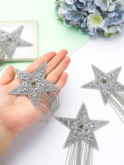 2/4 piezas de parches brillantes para ropa con lentejuelas con diseño de estrella de cinco puntas y borlas, parche para planchar con adhesivo para accesorios de ropa DIY