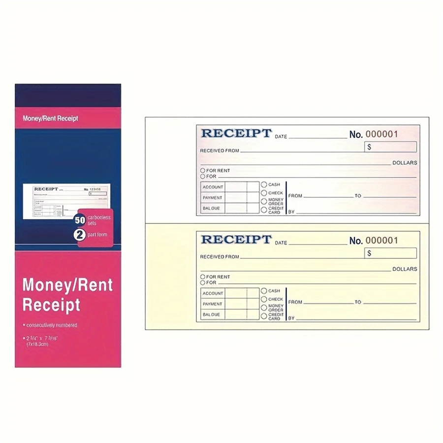 1pc Money And Rent Receipt Book, 2 Parts, Carbonless, 2.75 X 7.19 Inch