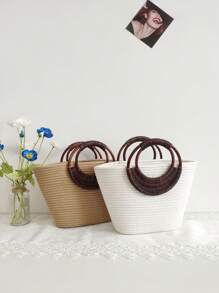 Ins Beach Vacation Style Vintage Woven Basket Bag With Wicker Handle And High Capacity Rope Handbag - Khaki - View 5