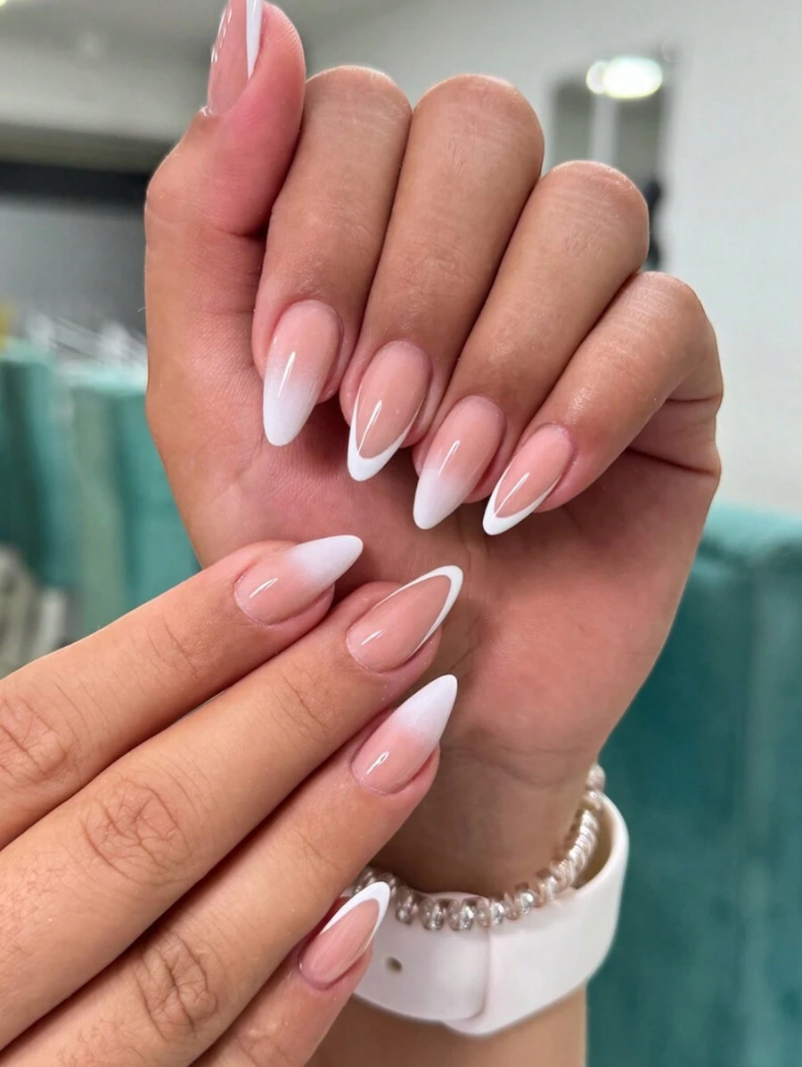 24 piezas/Set de uñas postizas con forma de almendra francesa, uñas acrílicas falsas degradadas, cobertura completa de longitud media, incluye 1 pieza de gel de gelatina y 1 pieza de lima de uñas, adecuado para mujeres y niñas, suministros de manicura diaria y de fiesta - Multicolor - Ver 1