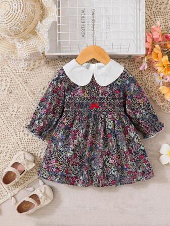 Baby Girl Patchwork Peter Pan Collar Floral Printed Princess Dress With Headband