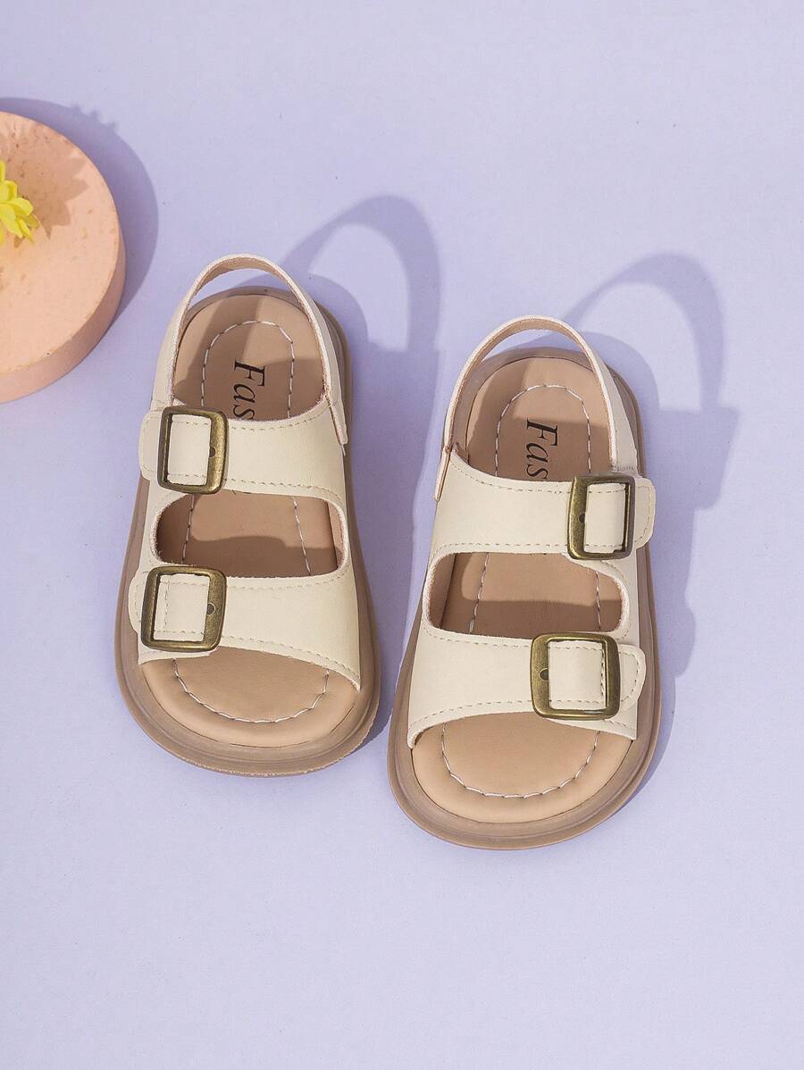 1 đôi dép trẻ em Unisex có móc và vòng đôi, đế chống trượt PU, hở mũi, thiết kế cắt thấp và 2 dây quai có thể điều chỉnh có gót để chơi thể thao và đi biển, thích hợp cho nhiều dịp khác nhau trong mùa hè. - Màu be - Xem 1