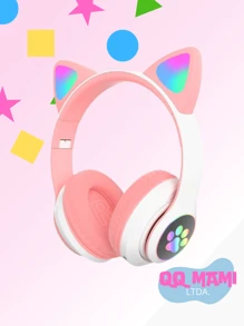 Fones de ouvido Bluetooth com LED RGB e formato de gato - Design exclusivo, som estéreo 24 horas, presente fofo [frete grátis] - Rosa chiclete - Visão 2