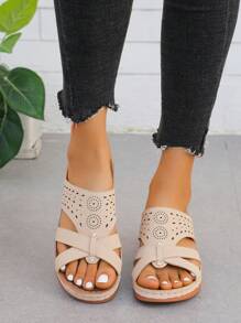 女士腳趾拖鞋適合夏季戶外活動，圓頭鑽石空心，楔形跟和厚底海灘羅馬拖鞋