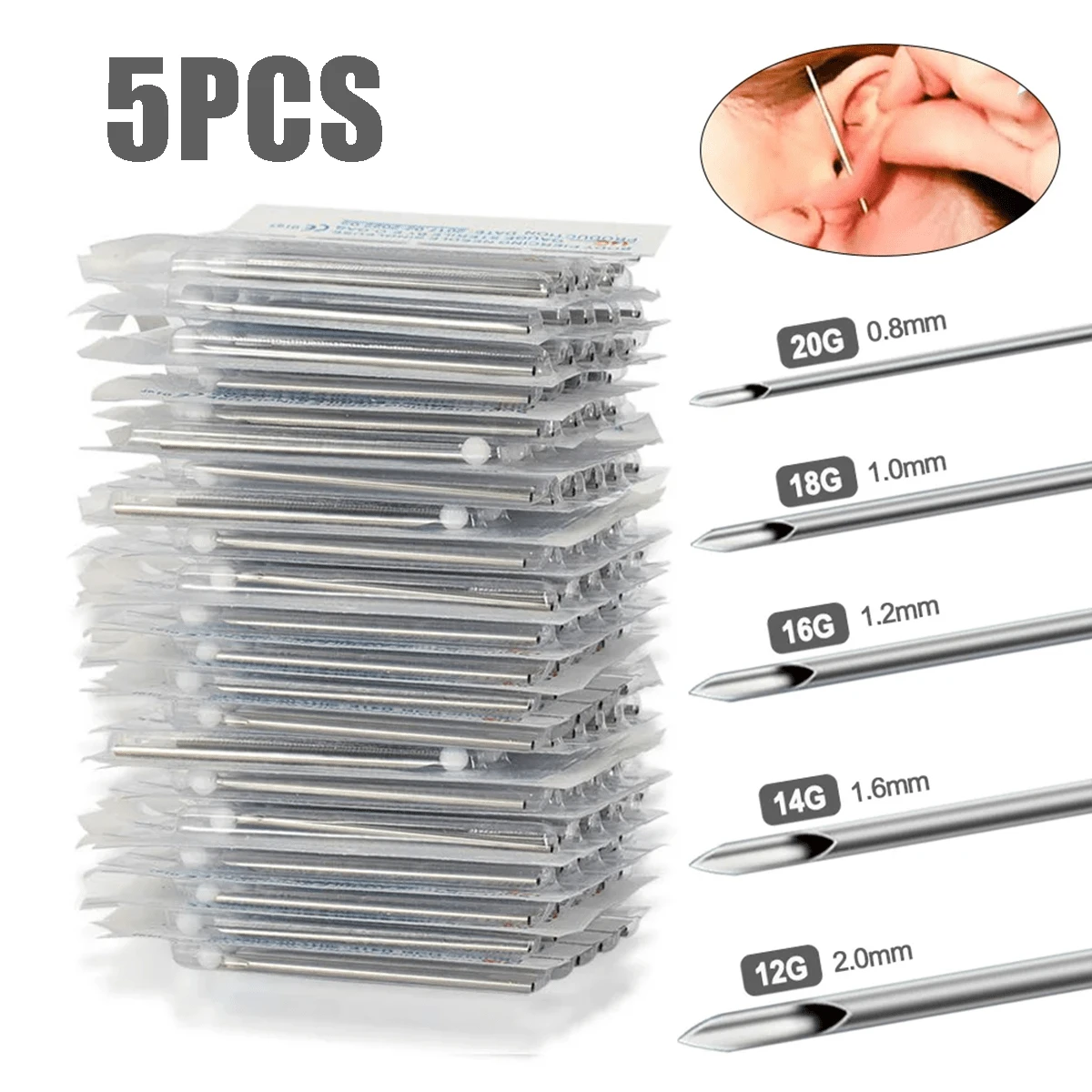 5pcs Disposable Sterile Body Piercing Needles 12G 14G 16G 18G 20G Tattoo Needle For Navel Nipple Lip Ring Kit Surgical Tools