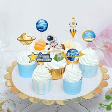 太空行星主題的宇航員生日蛋糕裝飾，適用於生日聚會、節日、烘焙和甜點裝飾 - 一套小插件 - 查看 4