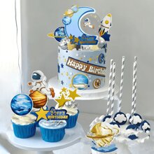 太空行星主題的宇航員生日蛋糕裝飾，適用於生日聚會、節日、烘焙和甜點裝飾 - 一套小插件 - 查看 6